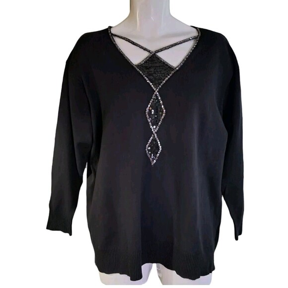 Bob Mackie Wearable Art Sweater Knit Top Women's 1X Black Embellished Beaded - Picture 1 of 9